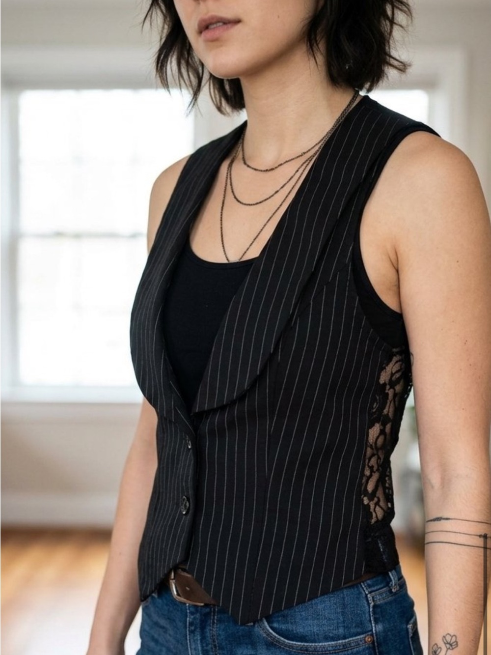 Suzy Shier Black Pinstripe Lace-Side Vest